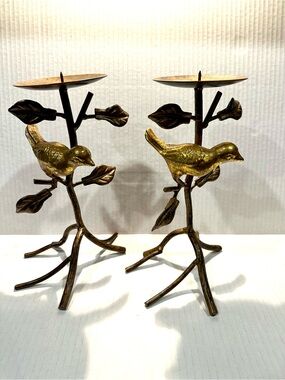 Decorative Brass Metal Gold Tone Bird on a Branch Candle Holders - Set of 2